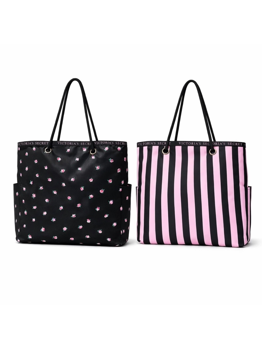 Victoria’s Secret Reversible Tote Bag Pink Stripe Floral Large Beach Bag